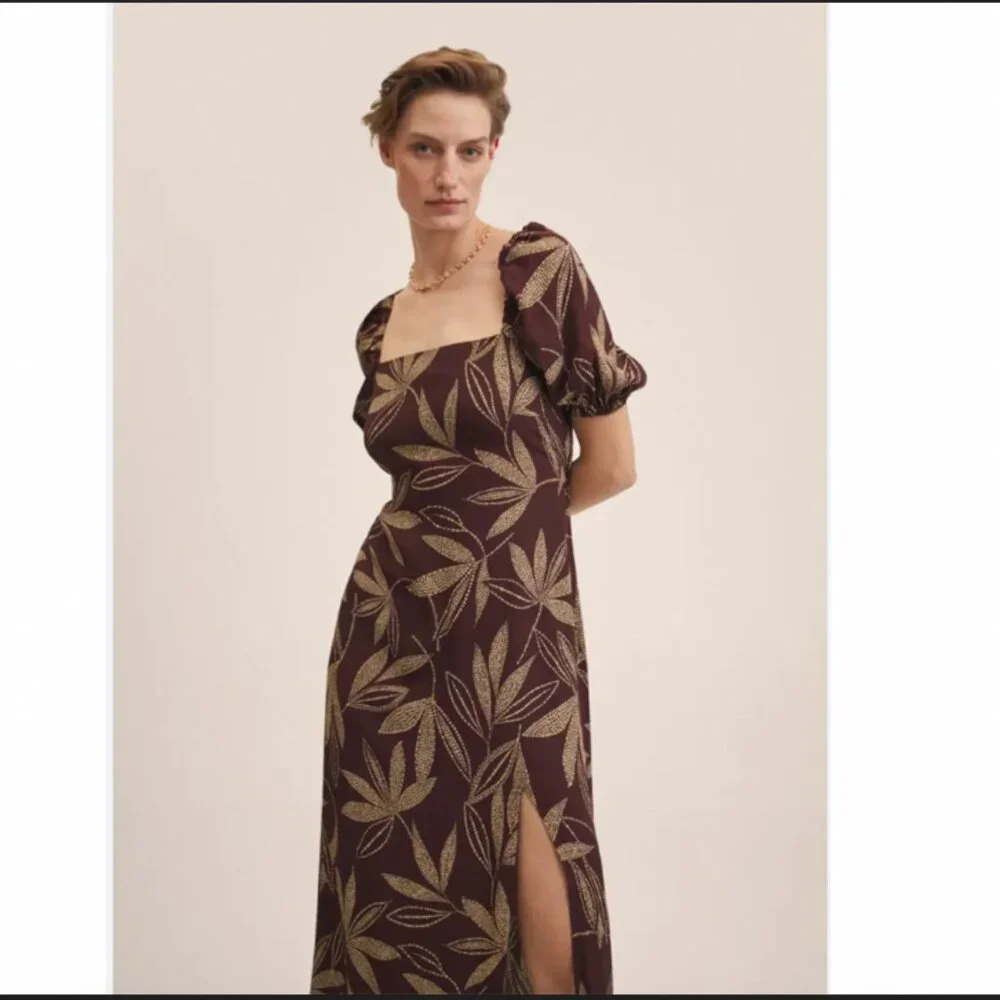 Mango Brown Puff Sleeve Midi Dress with Gold Leaf Print – Size XXL - Picture 8 of 11